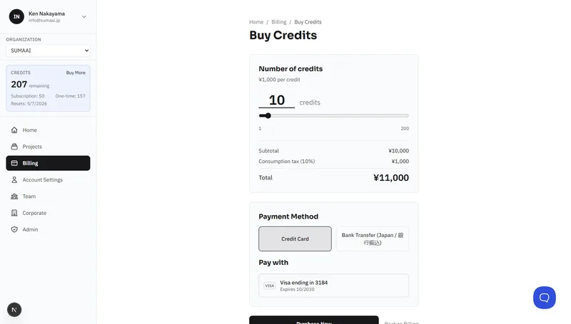 Buy Credits page with credit slider, tax breakdown, and payment method selection