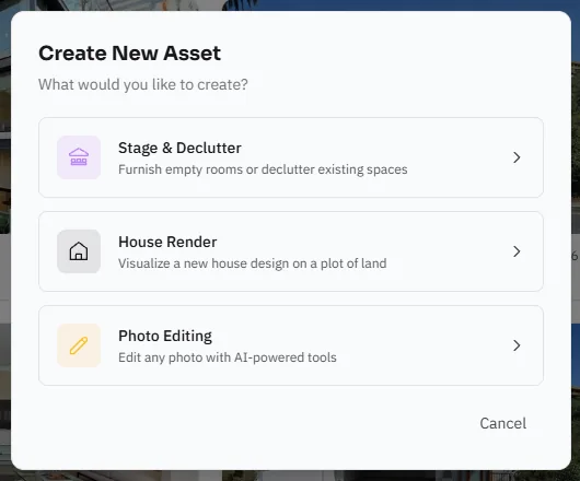 Create New Asset dialog showing Stage & Declutter, House Render, and Photo Editing options