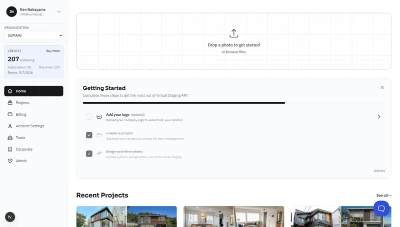 Dashboard showing quick upload, activity feed, and recent projects