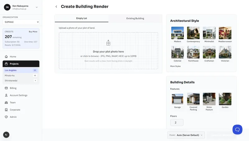 House render creation page showing upload area, architectural styles, and building details