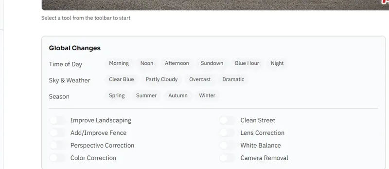 Global changes panel with lighting, color correction, and perspective options