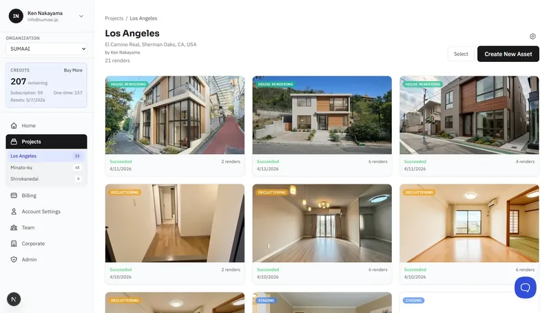 Project detail page showing render grid with status indicators