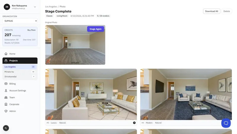 Staging results page showing original photo and generated variations